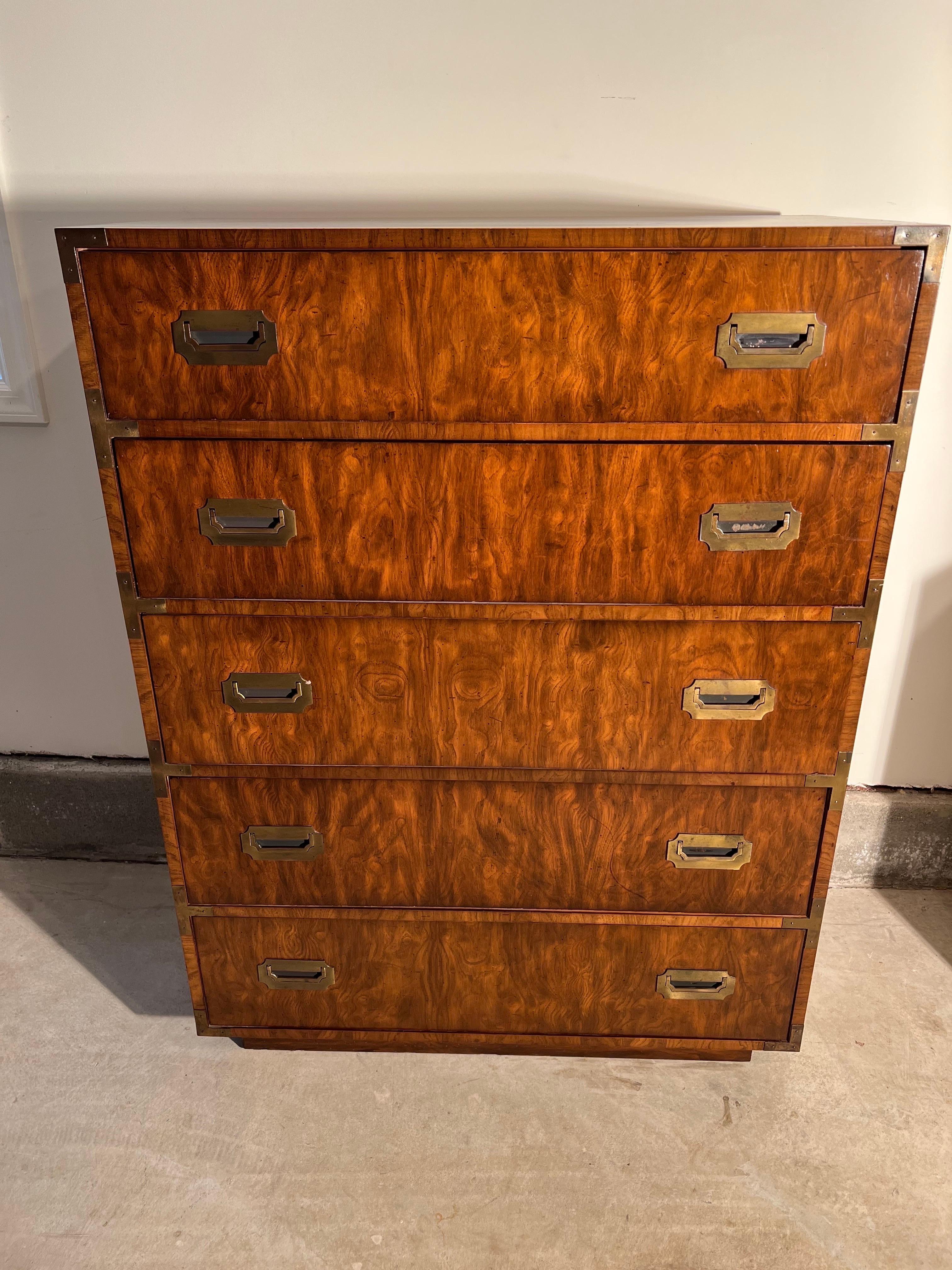 Mid-Century Modern Walnut Campaign Dresser in the Style of Henredon For Sale