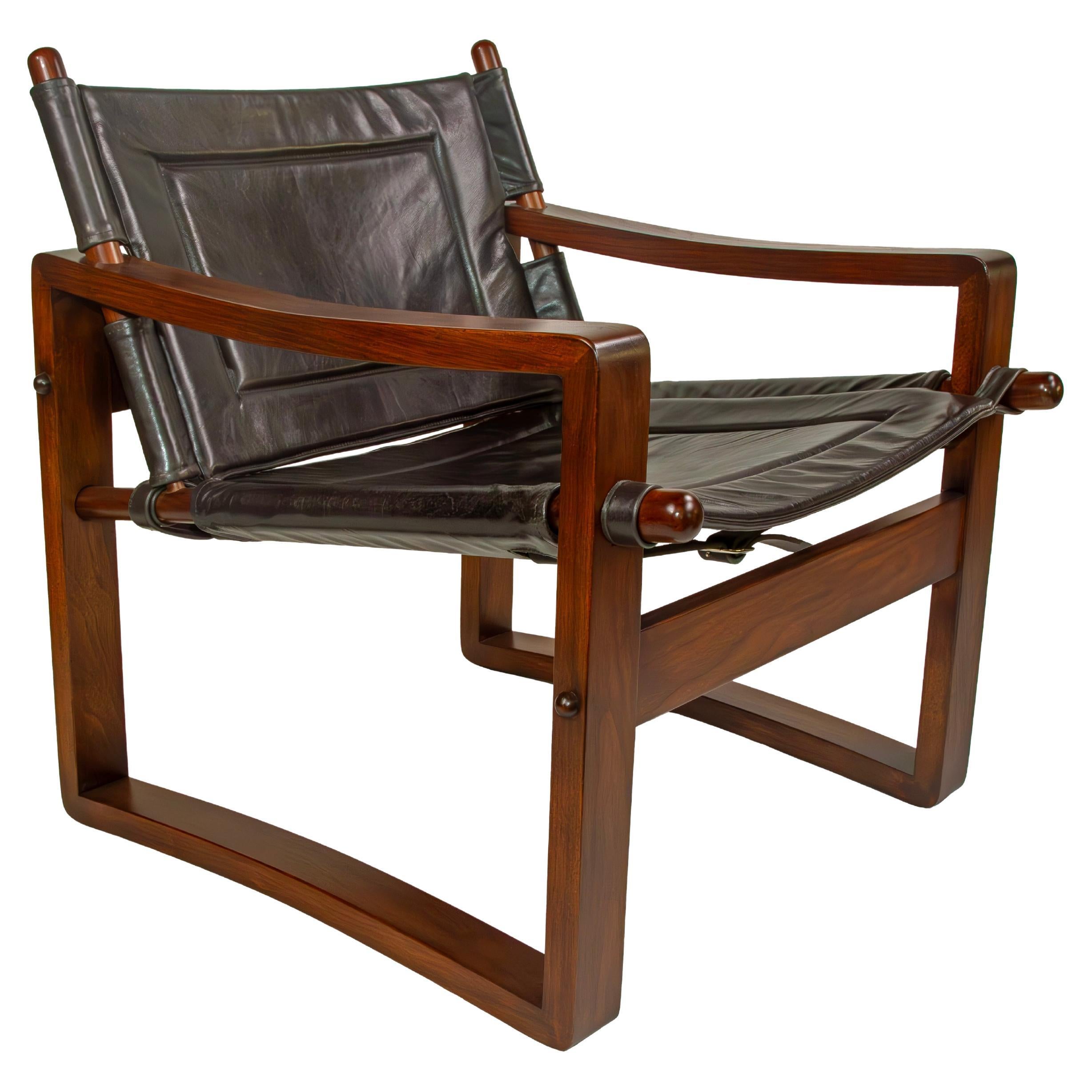 Walnut Campaign Safari Chair with Black or Brown Leather or Suede Upholstery For Sale