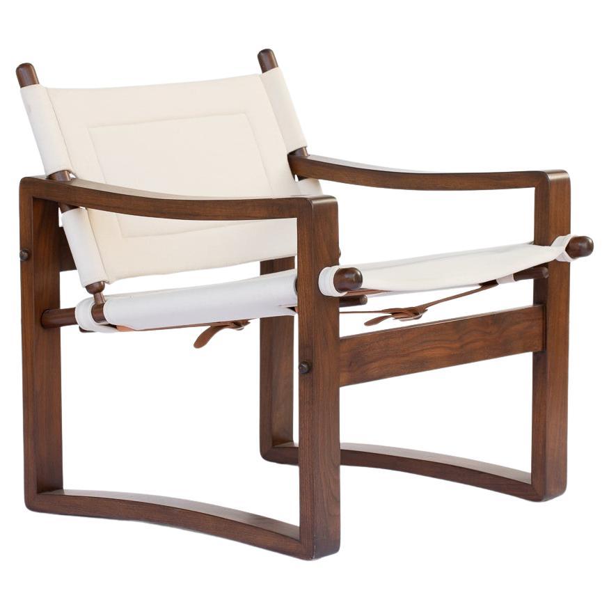 Walnut Campaign Safari Chair with White Leather Upholstery For Sale