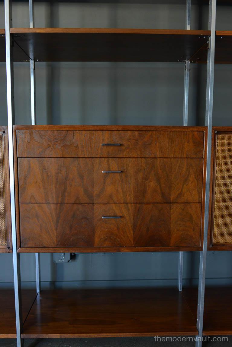 Walnut, Cane and Aluminum Wall Unit or Room Divider by Founders, circa 1970 1