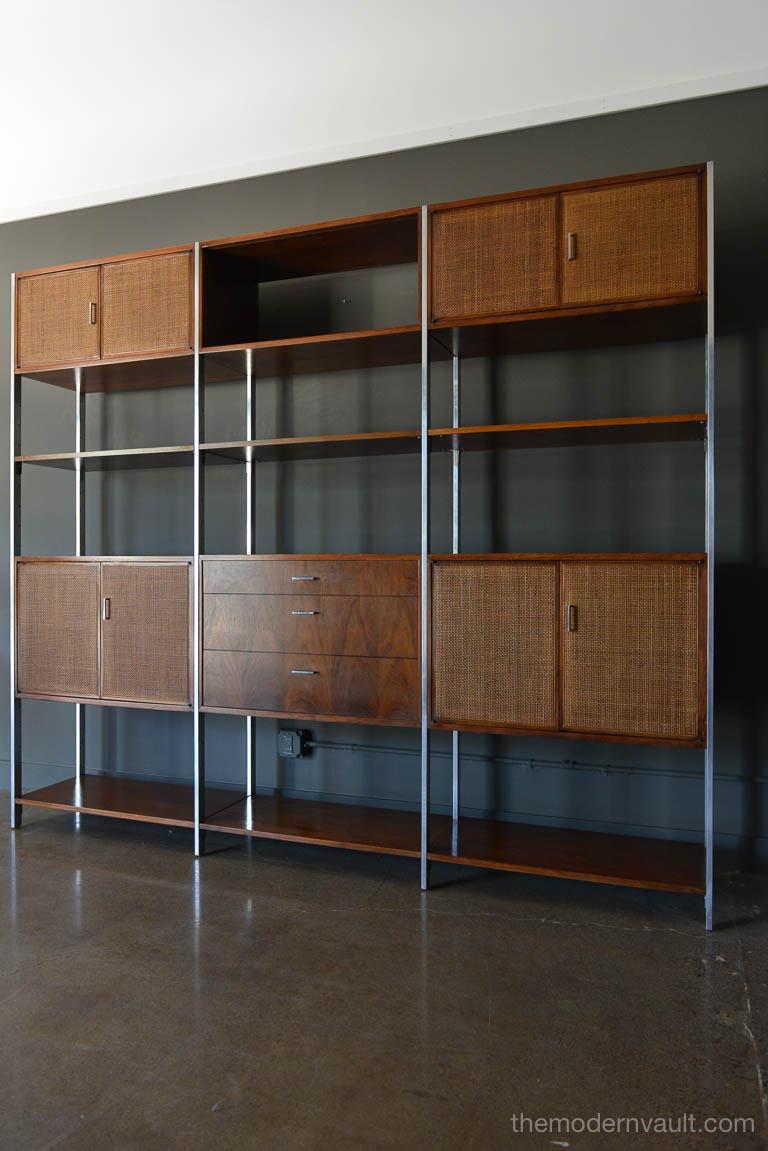 Mid-Century Modern Walnut, Cane and Aluminum Wall Unit or Room Divider by Founders, circa 1970