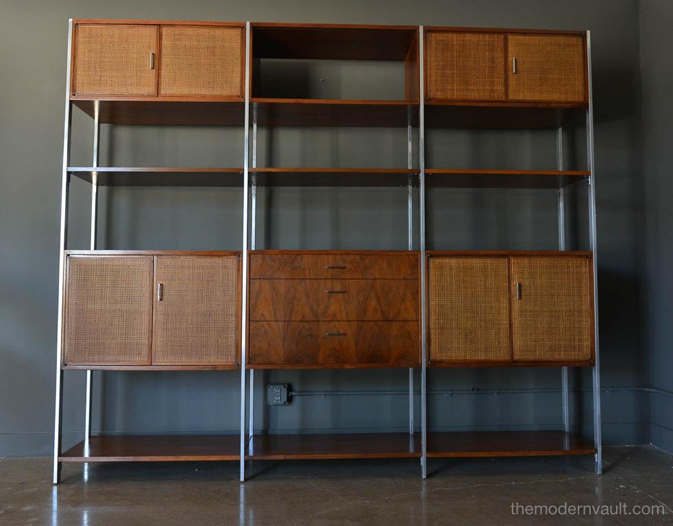 American Walnut, Cane and Aluminum Wall Unit or Room Divider by Founders, circa 1970