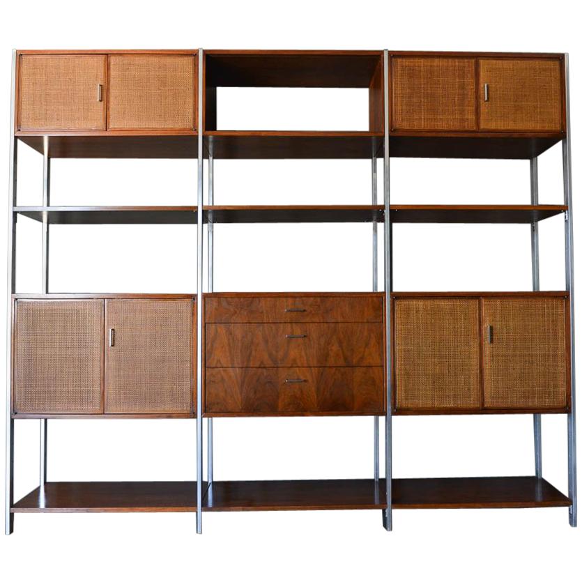 Walnut, Cane and Aluminum Wall Unit or Room Divider by Founders, circa 1970