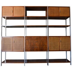 Vintage Walnut, Cane and Aluminum Wall Unit or Room Divider by Founders, circa 1970