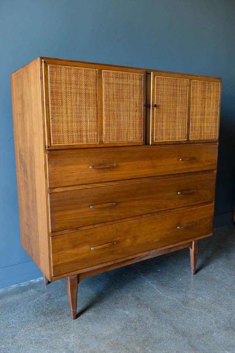 American Walnut, Cane and Brass Highboy or Gentlemen's Cabinet by Conant Ball, circa 1965
