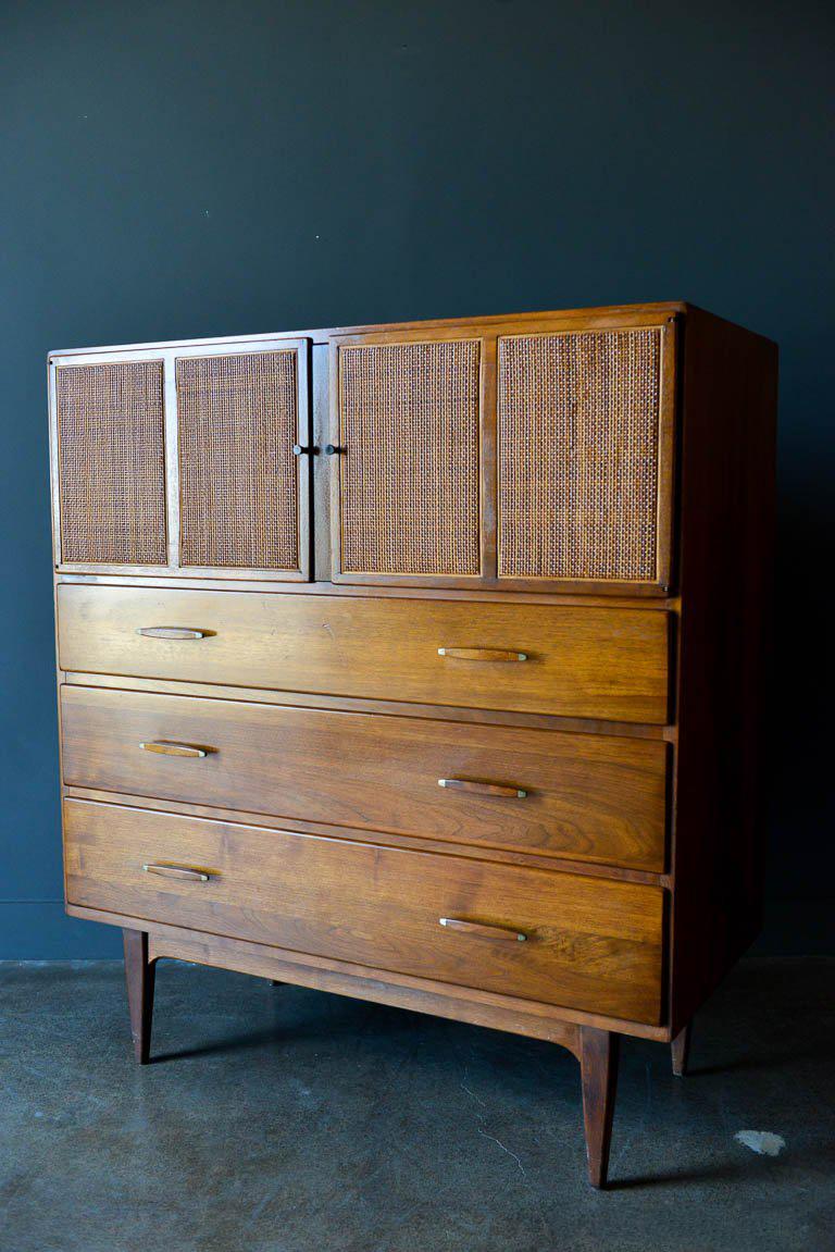 Walnut, Cane and Brass Highboy or Gentlemen's Cabinet by Conant Ball, circa 1965 3
