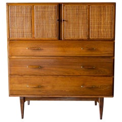 Walnut, Cane and Brass Highboy or Gentlemen's Cabinet by Conant Ball, circa 1965