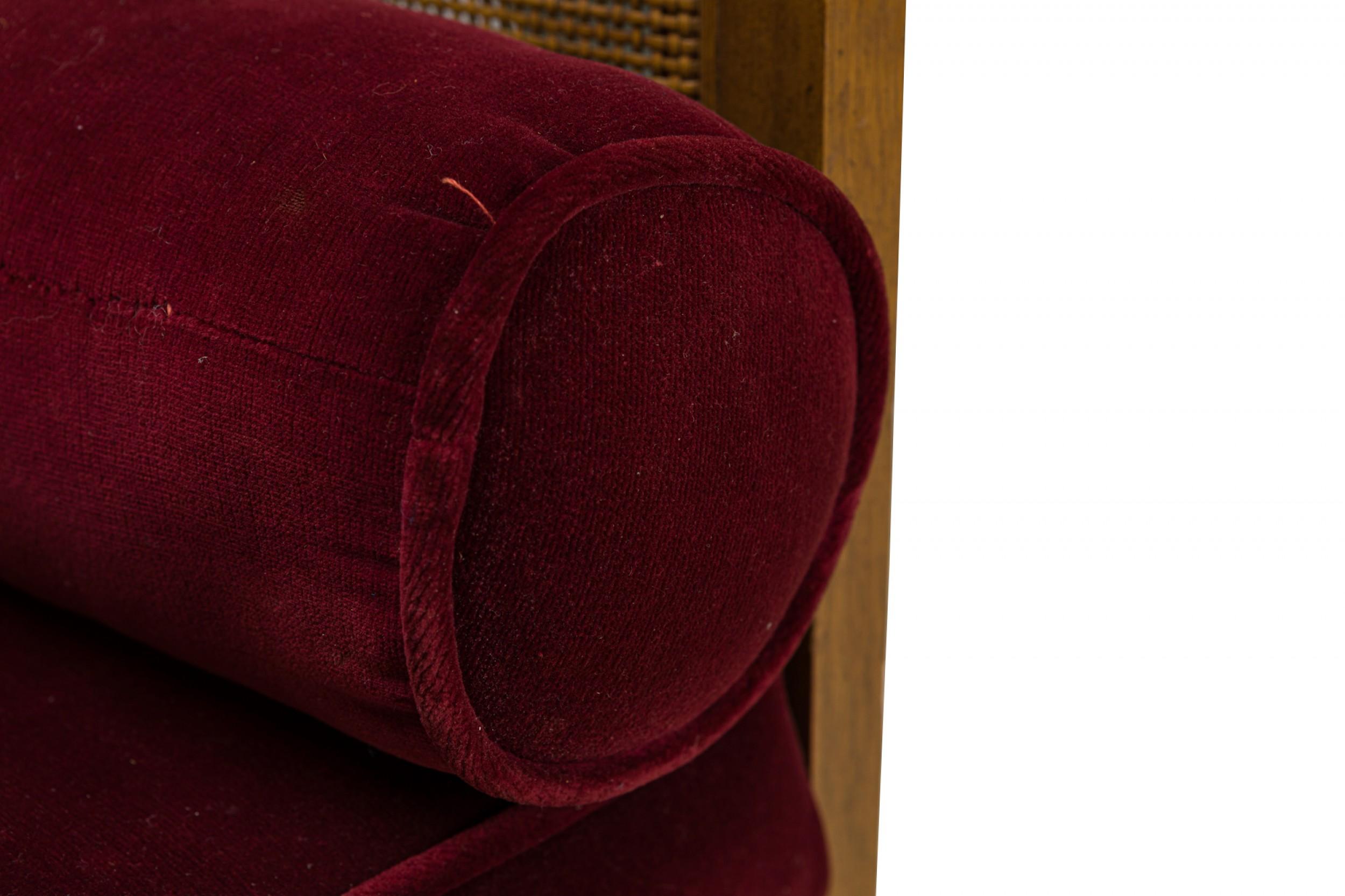 Walnut Caned Back and Burgundy Velour Upholstered Entry Bench For Sale 1