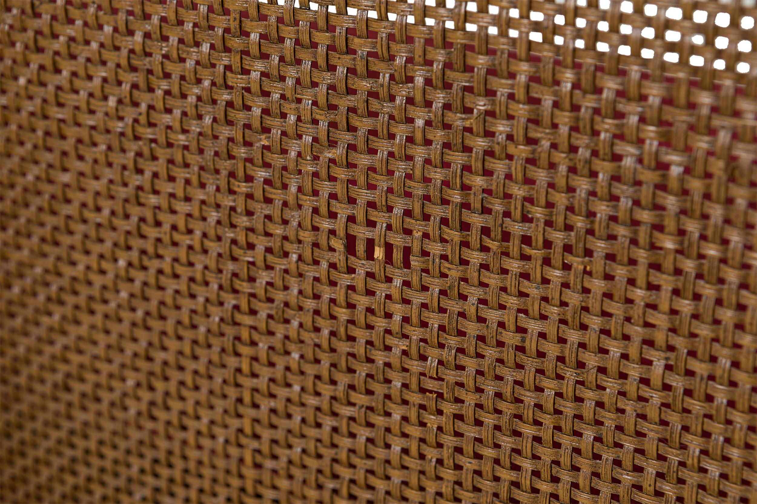 American Walnut Caned Back and Burgundy Velour Upholstered Entry Bench