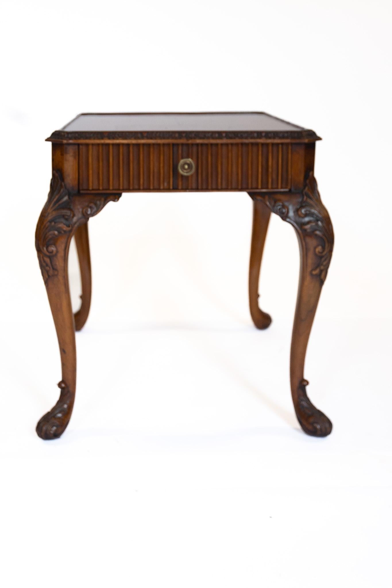 British Walnut & carved coffee table with drawer For Sale