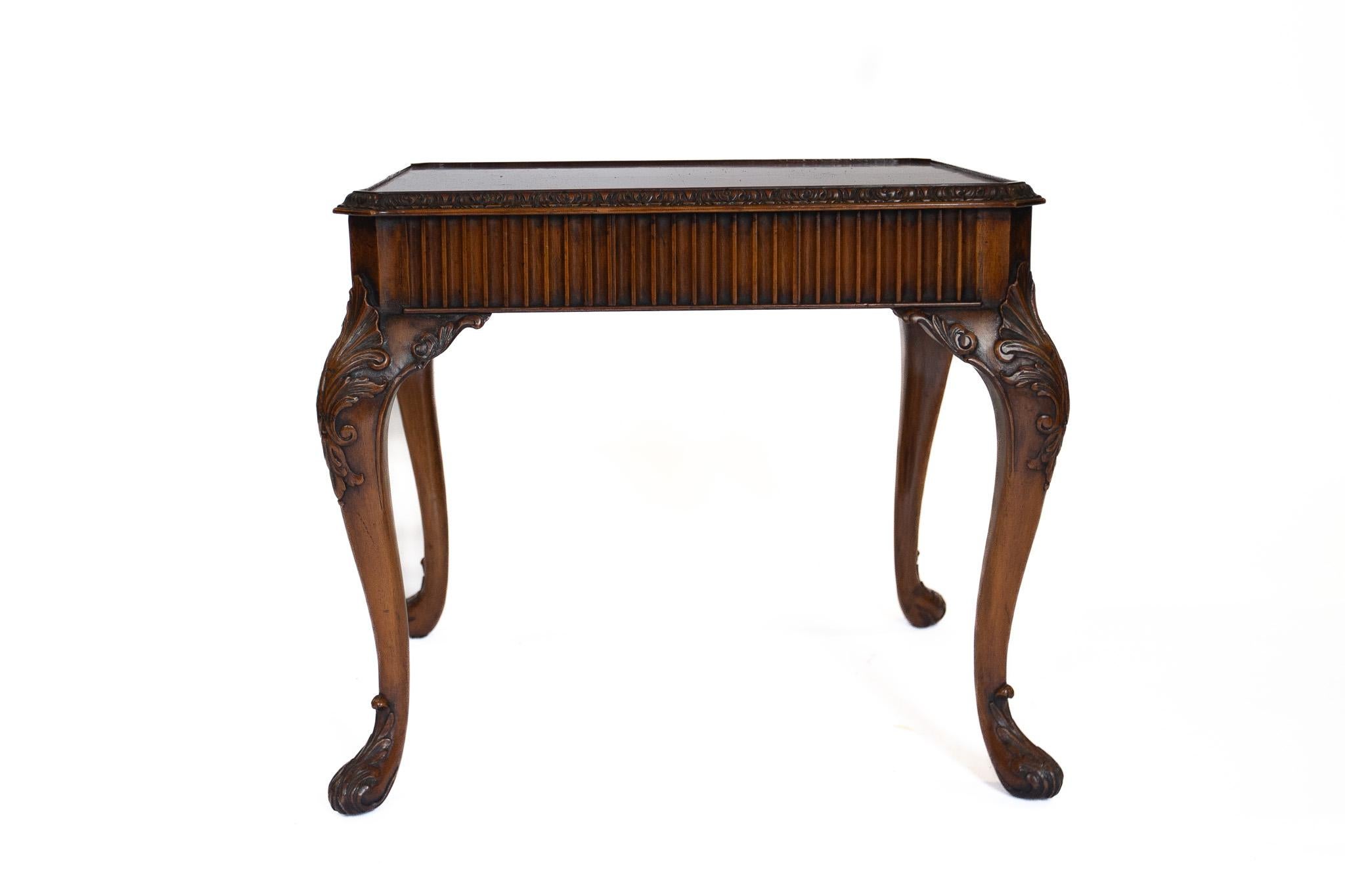 Polished Walnut & carved coffee table with drawer For Sale