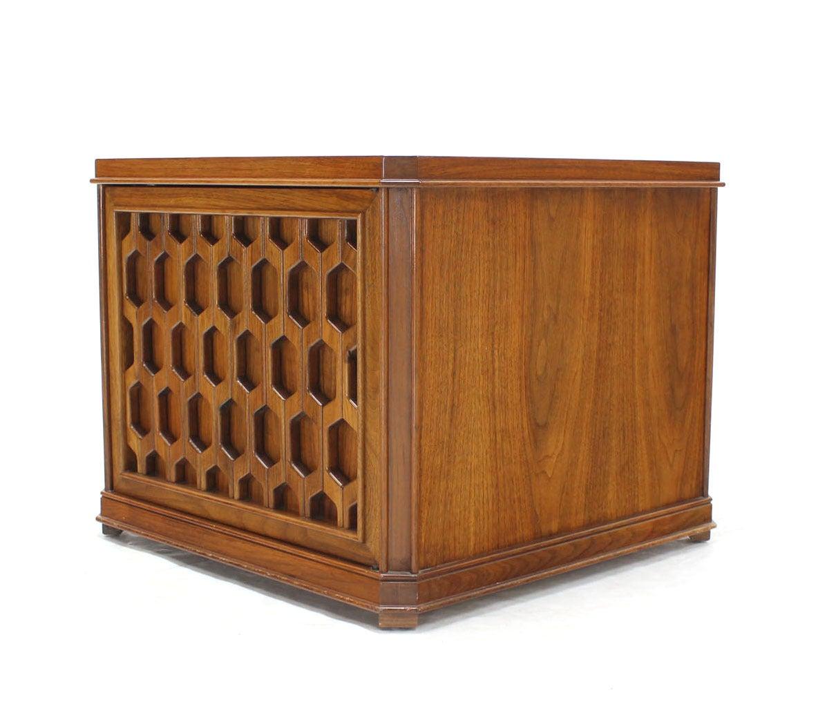 American Walnut Carved Honeycomb Pattern One Door Cube Square Shape Side End Table Stand For Sale