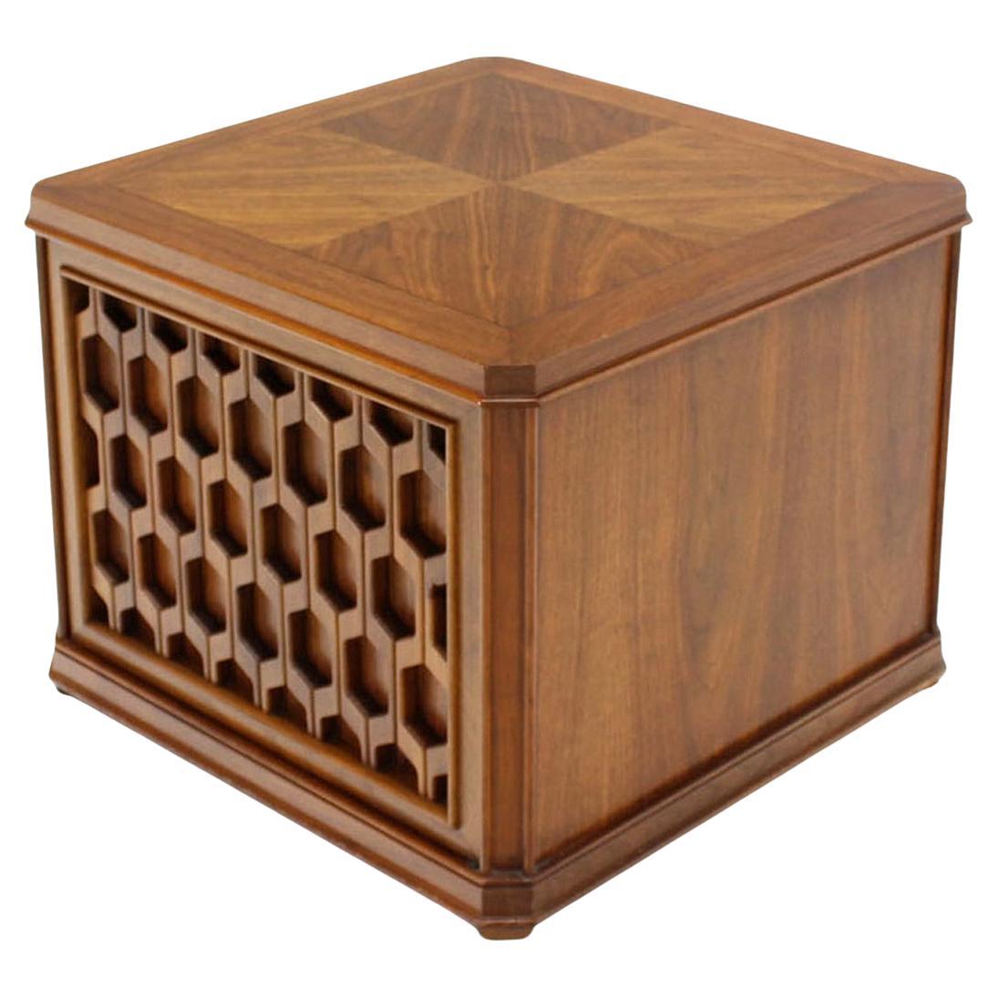 Walnut Carved Honeycomb Pattern One Door Cube Square Shape Side End Table Stand For Sale