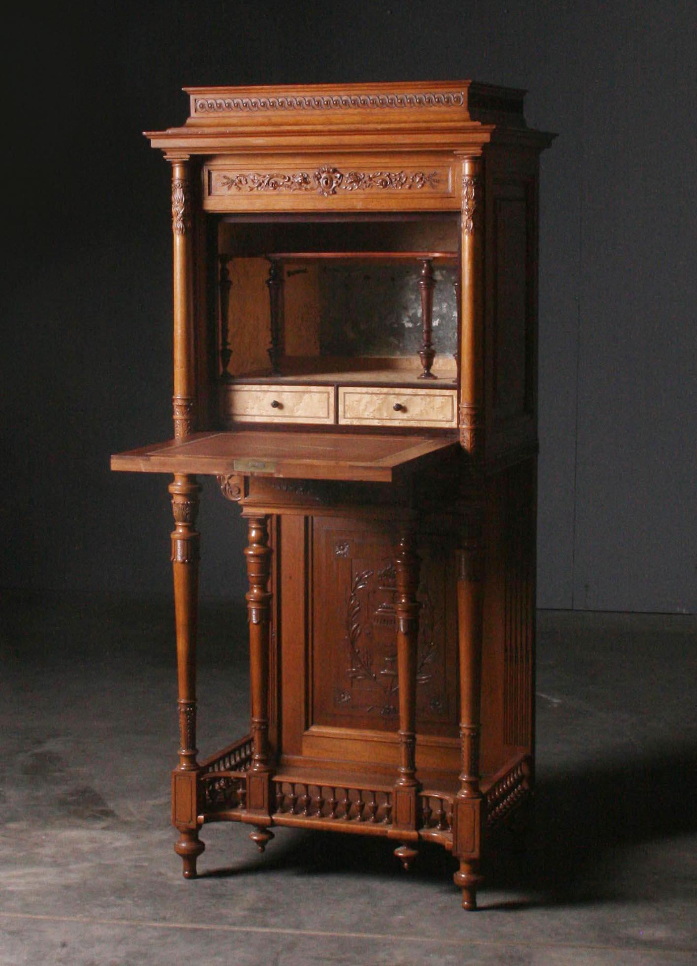 Renaissance Revival Walnut Carved Secretaire Desk from H. Dufin, France, 19th Century For Sale