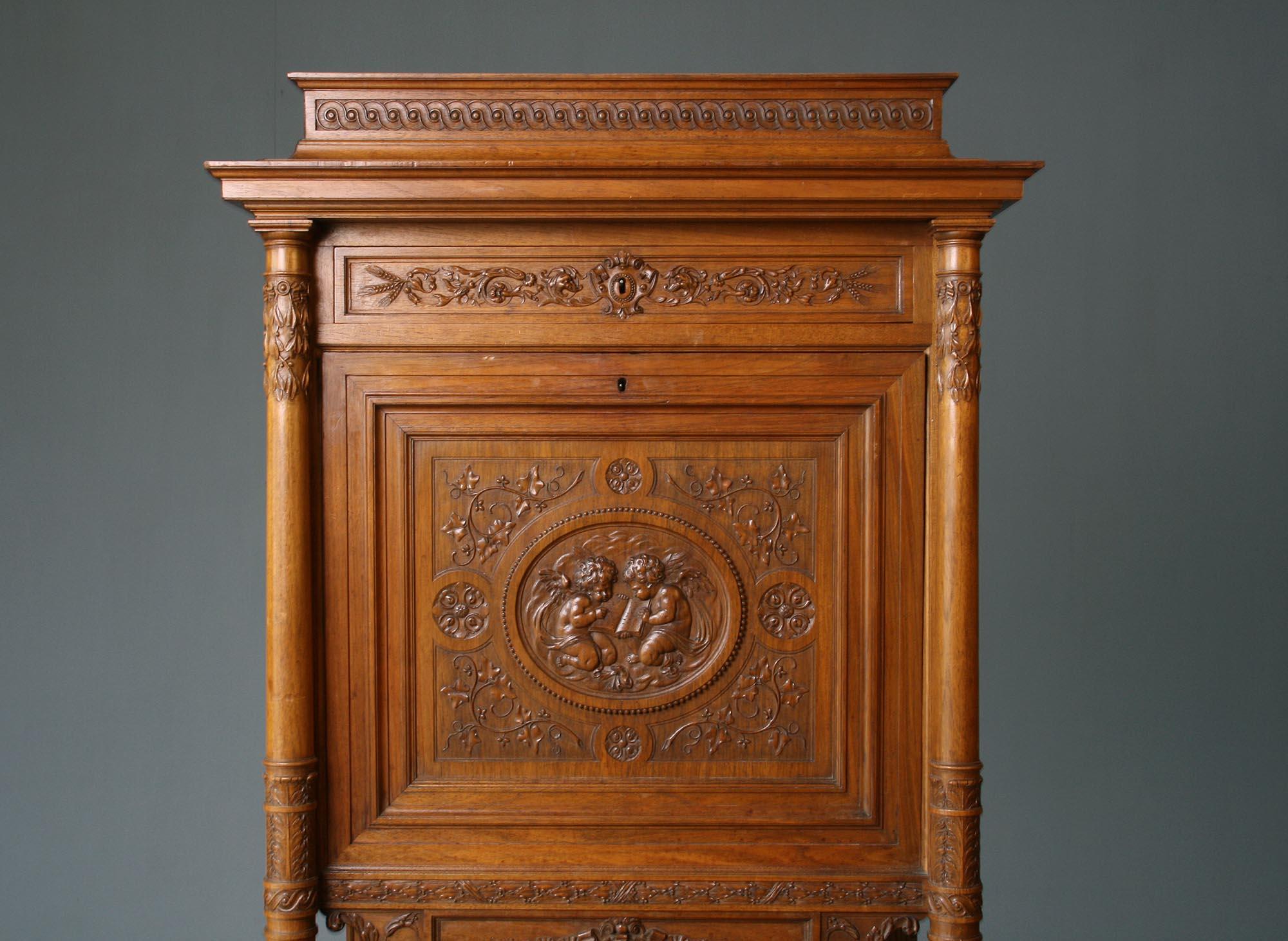 French Walnut Carved Secretaire Desk from H. Dufin, France, 19th Century For Sale