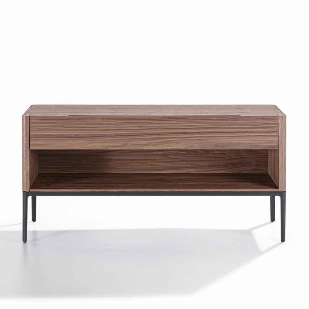 Console table walnut case with black
lacquered aluminium base and with
solid walnut structure with 1 drawer.