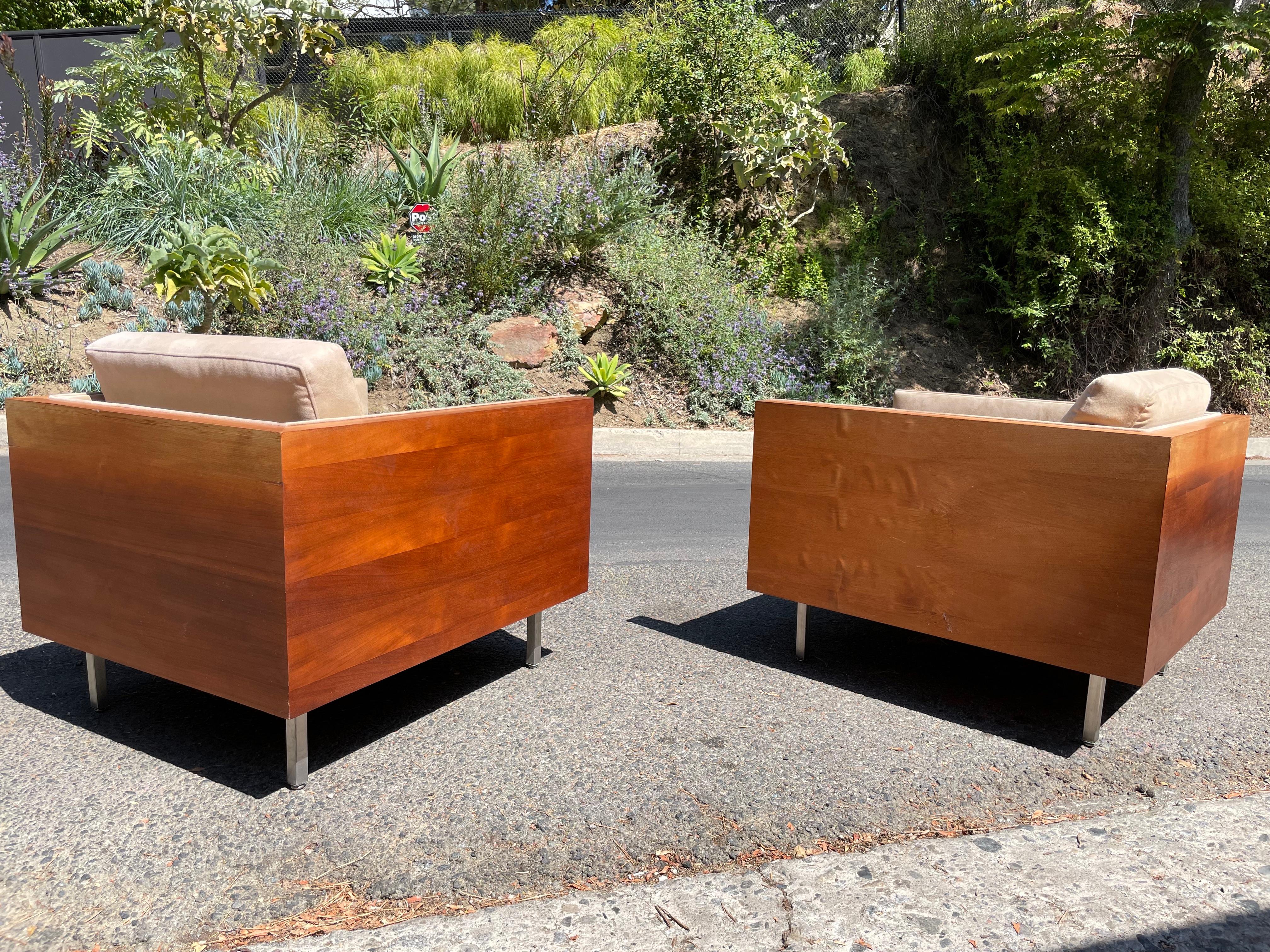 Mid-20th Century Walnut Case Cube Baughman Style Lounge Chairs - Pair