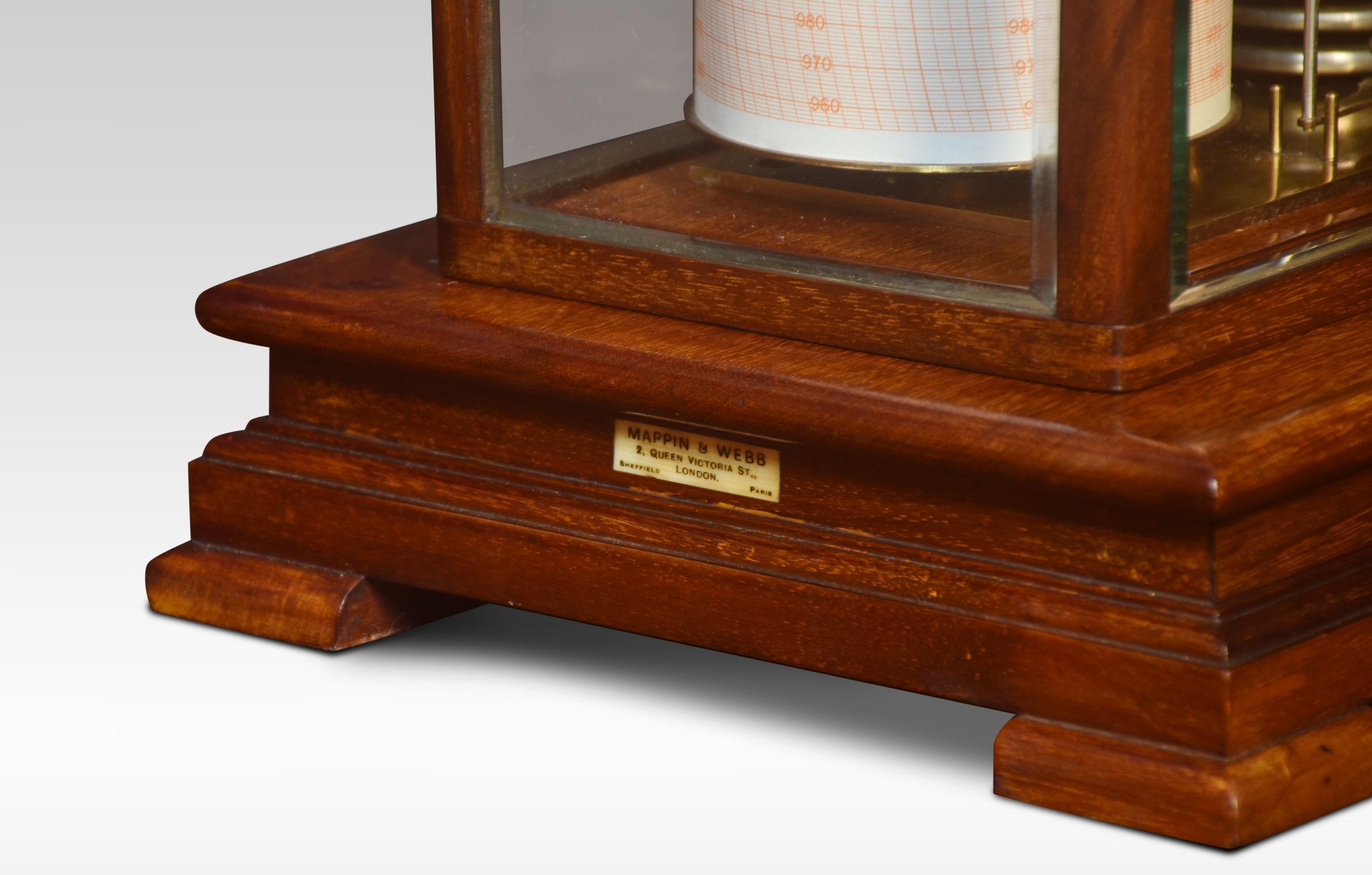 Mappin Webb walnut-cased Barograph, having five beveled glazed removable lid, and a drawer below to house the charts. The mechanical eight-day movement is housed in the drum, fitted with a seven-day chart that covers one full rotation of the drum.