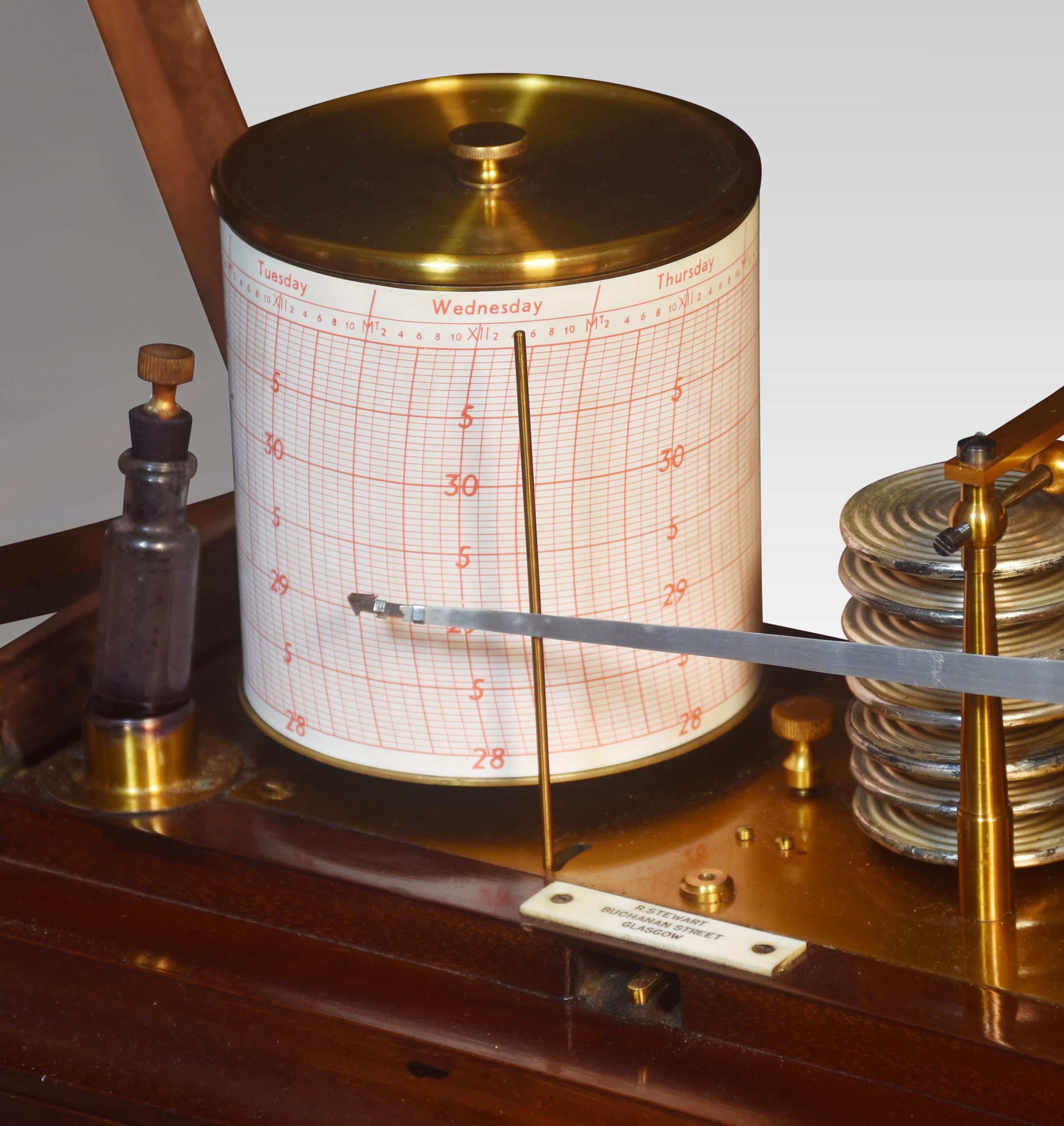 R. Stewart mahogany-cased Barograph, having five glazed hinged lid, and a drawer below to house the charts. The mechanical eight-day movement is housed in the drum, fitted with a seven-day chart that covers one full rotation of the drum. The ink