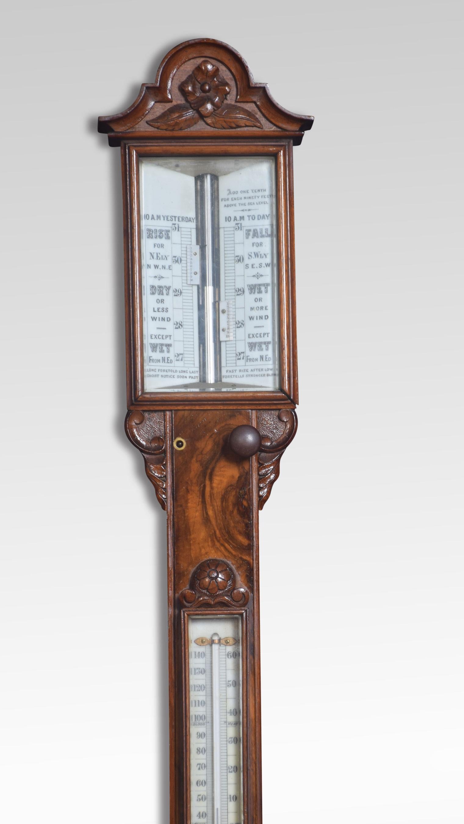 Late 19th century walnut cased stick barometer and thermometer, with engraved scales contained in figured walnut case having shaped and moulded pediment, and carved cistern cover.
Dimensions
Height 40 inches
Width 6.5 inches
Depth 3 inches.