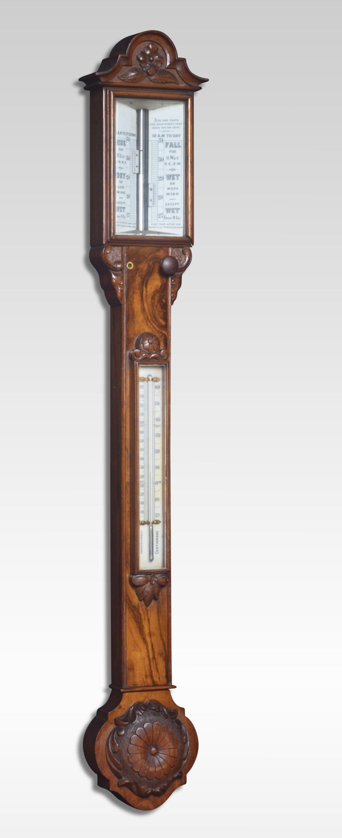 19th Century Walnut Cased Stick Barometer and Thermometer