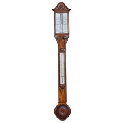 Antique Walnut Cased Stick Barometer and Thermometer
