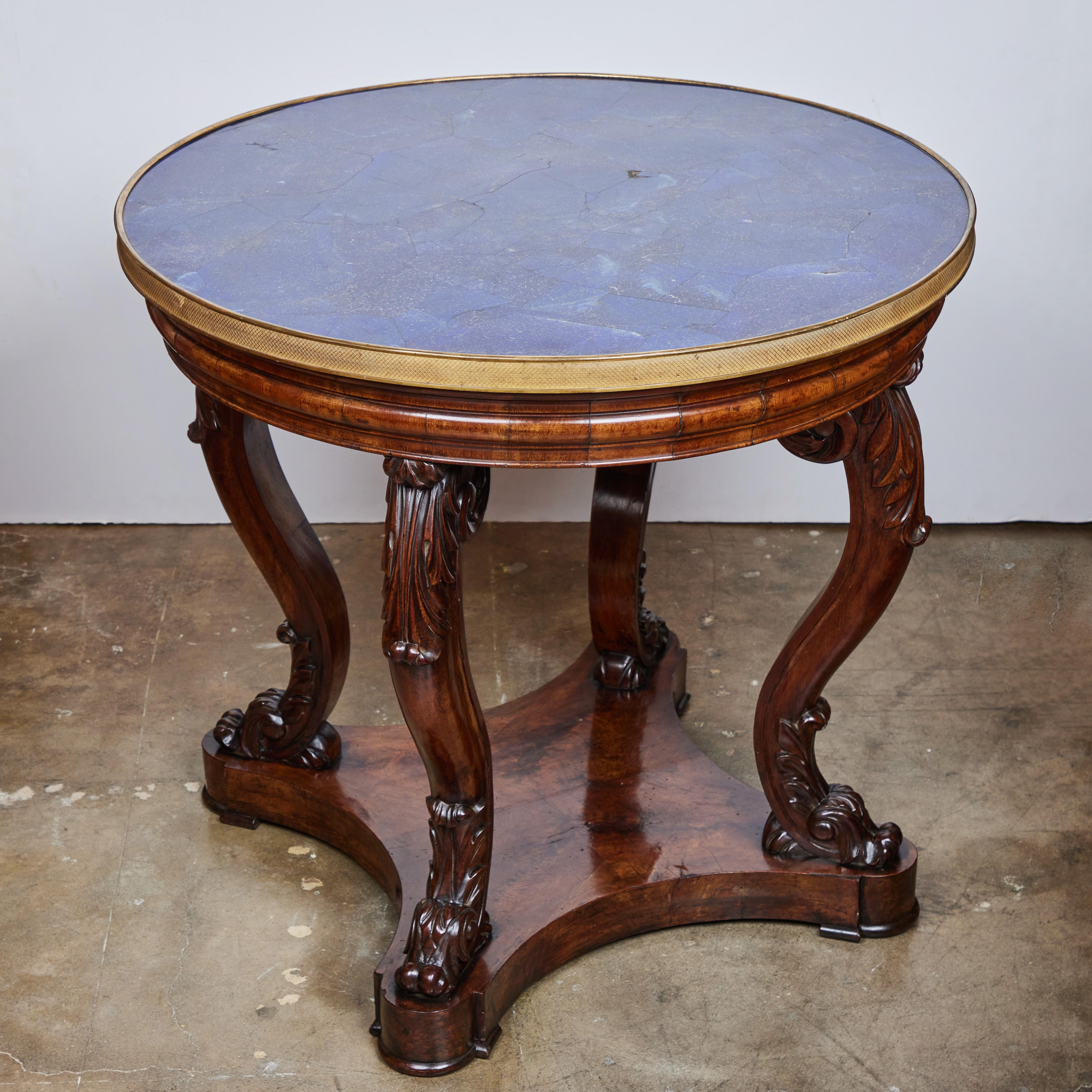 Bronze Walnut Round Center Table with Inset Lapis Top For Sale