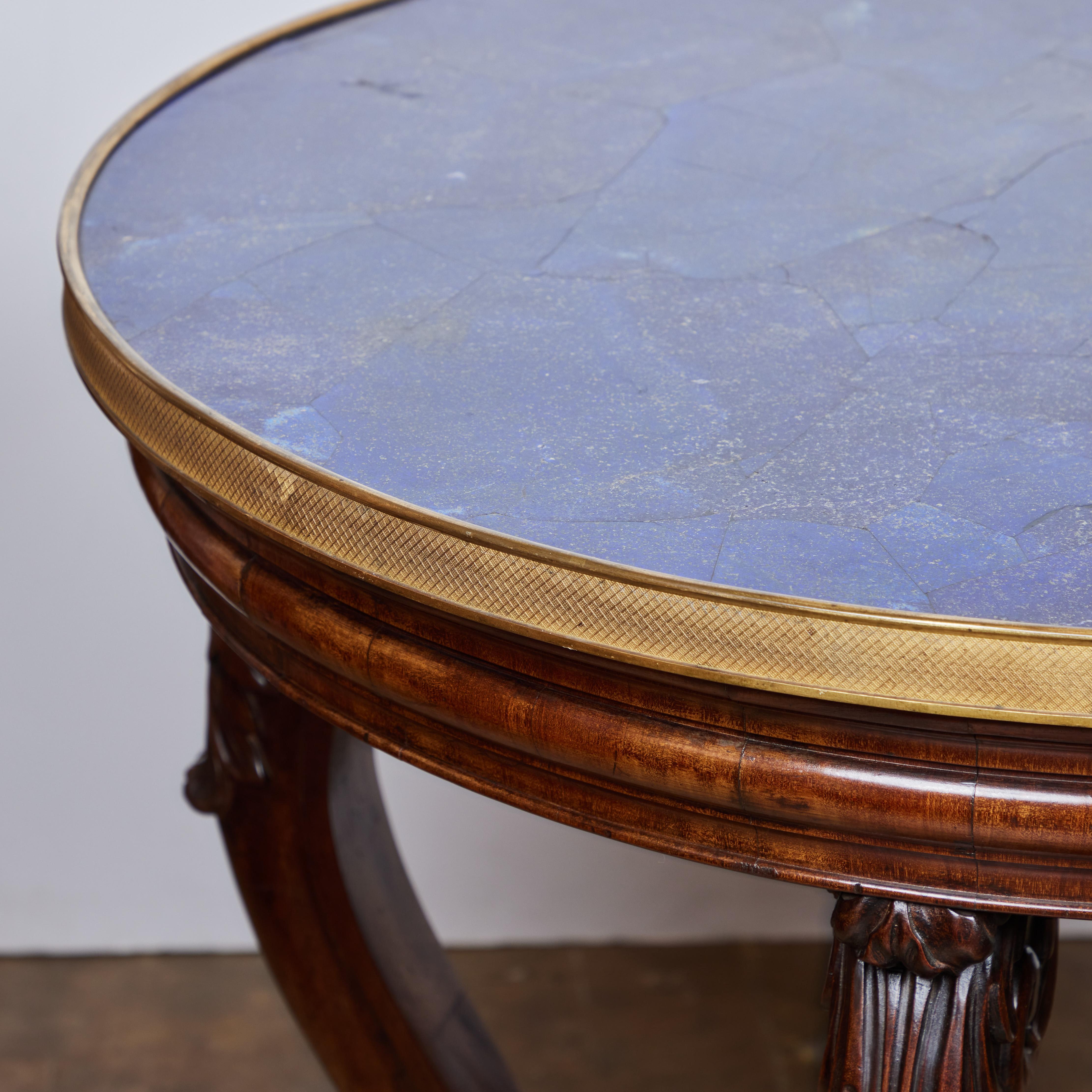 Italian Walnut Round Center Table with Inset Lapis Top For Sale