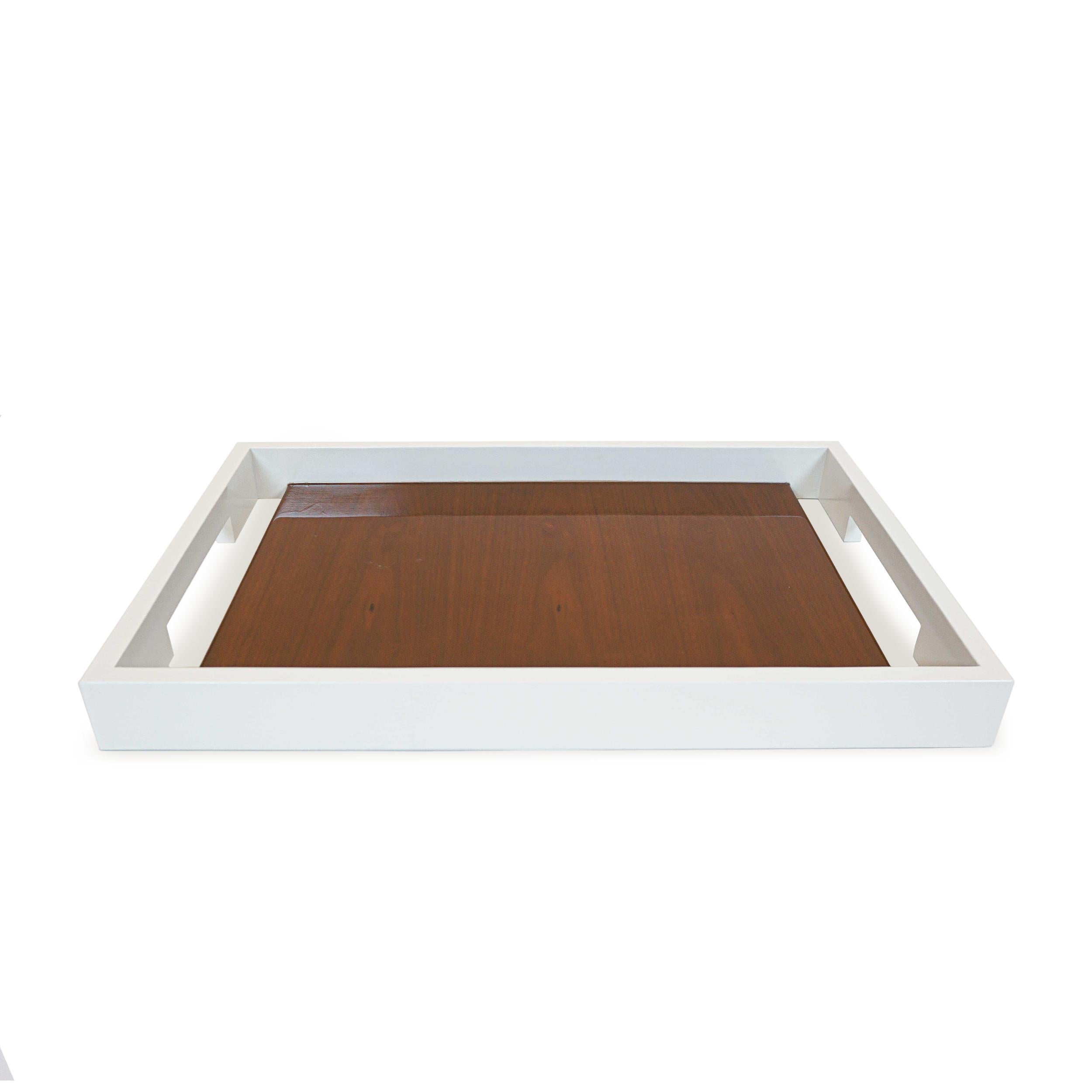 White lacquer tray made from solid hard maple features a contrasting Walnut Center. Perfect for displaying collectibles or as a serving piece. Tray can be customized in size, lacquer and wood species and finish. Customization may change price.