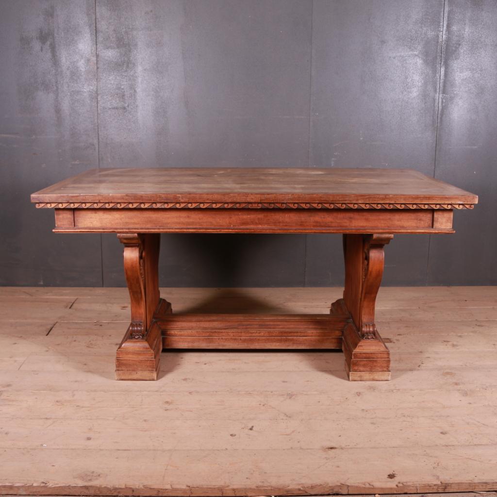 19th century pale walnut centre table/ desk, 1890.

Dimensions:
63 inches (160 cms) wide
39 inches (99 cms) deep
30.5 inches (77 cms) high.