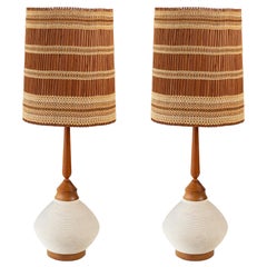 Walnut and Ceramic Table Lamps with Maria Kipp Shades