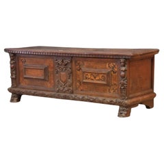 Antique Walnut chest with maple inlays and carved friezes, from the 1600s.