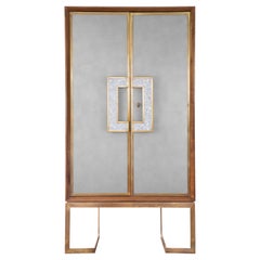 Walnut China Cabinet with Brass Framing and Mother-of-Pearl/ Nacre Handle
