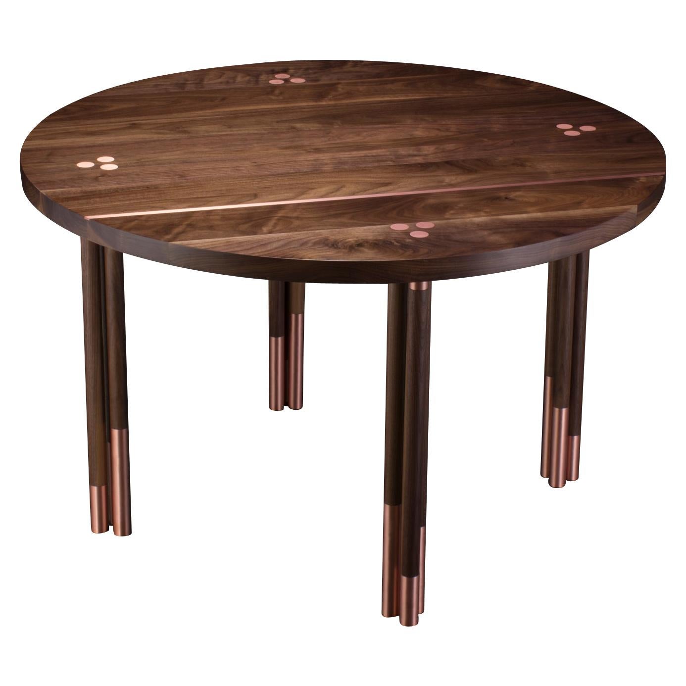 Table de salle à manger circulaire en noyer avec incrustation de cuivre « Table de salle à manger Canfield »