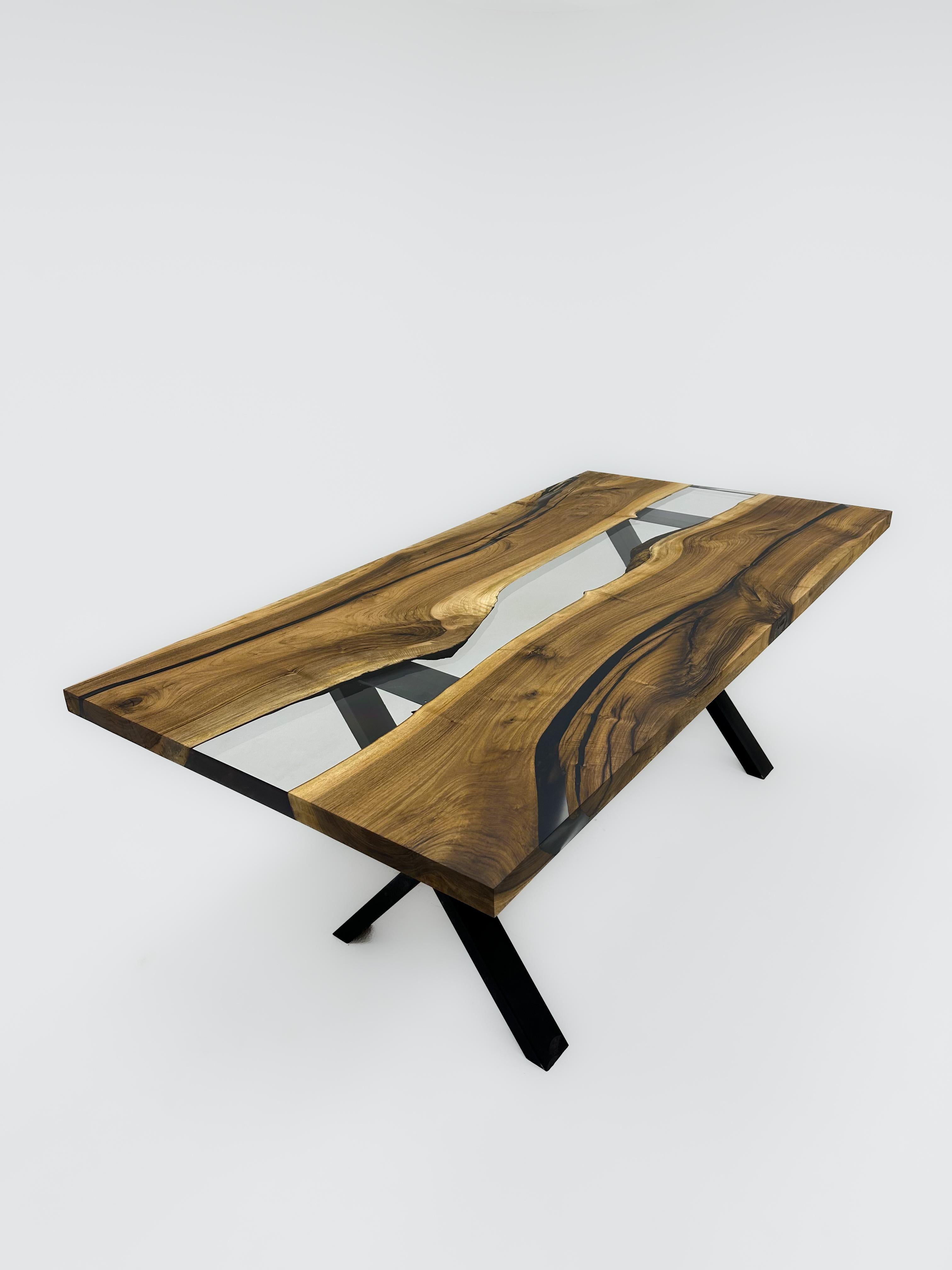 Turkish Walnut Clear Epoxy Resin Wooden Live Edge Dining Table For Sale