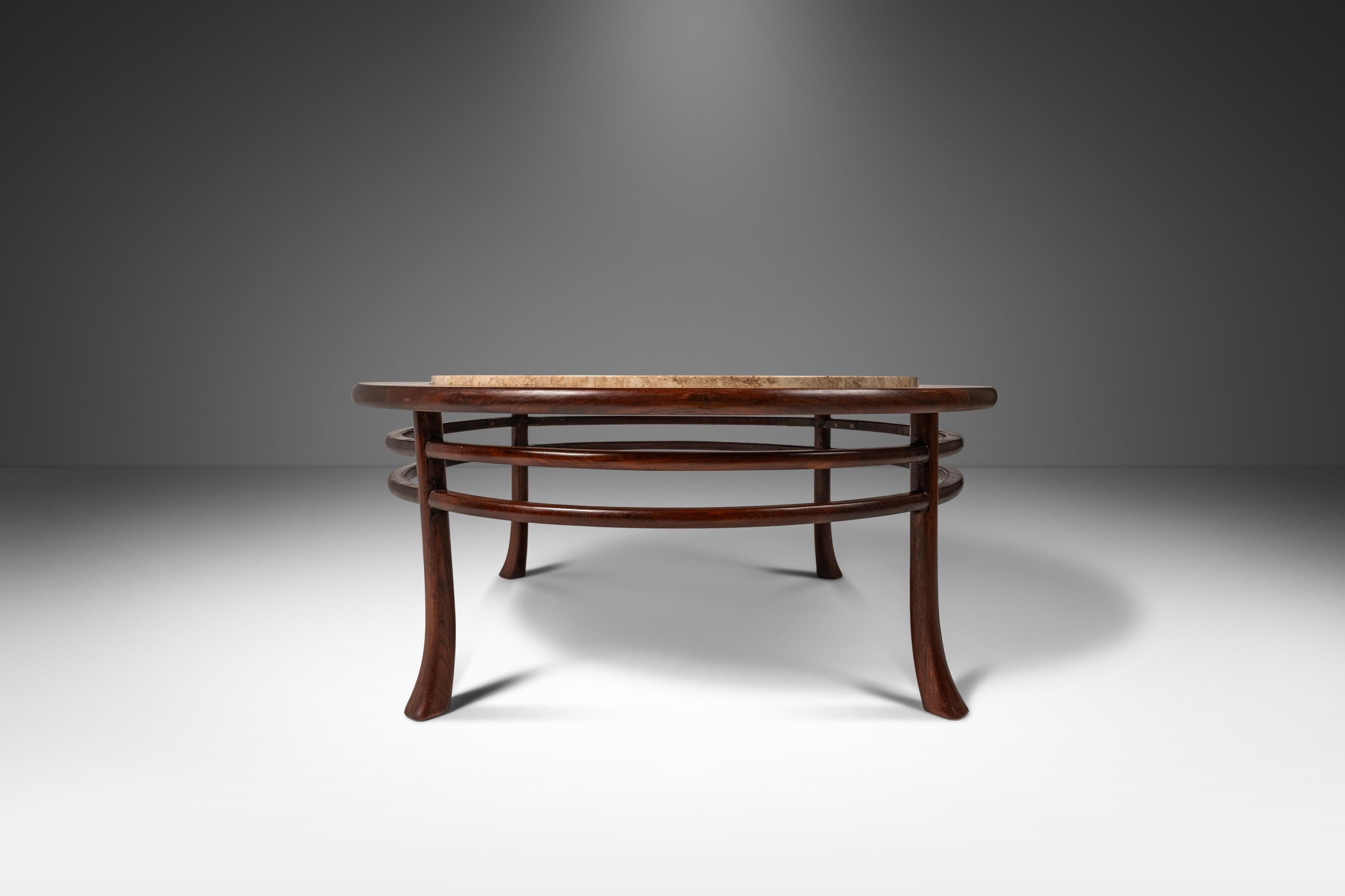 American Walnut Coffee Table w/ Travertine Top Attributed to T.H. Robsjohn Gibbings, 1950 For Sale