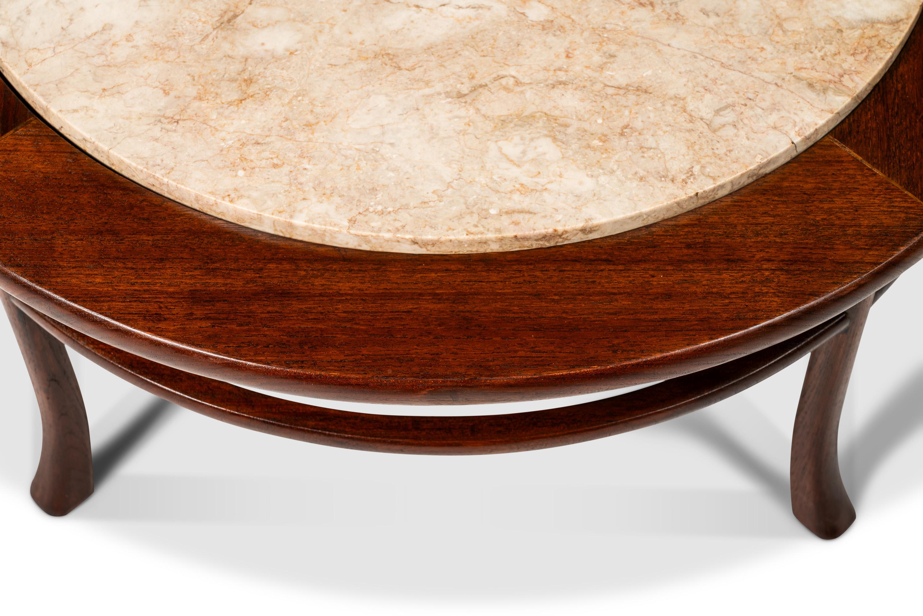 Walnut Coffee Table w/ Travertine Top Attributed to T.H. Robsjohn Gibbings, 1950 For Sale 1