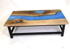 Walnut Coffee Table with Blue Epoxy Resin and Steel Legs