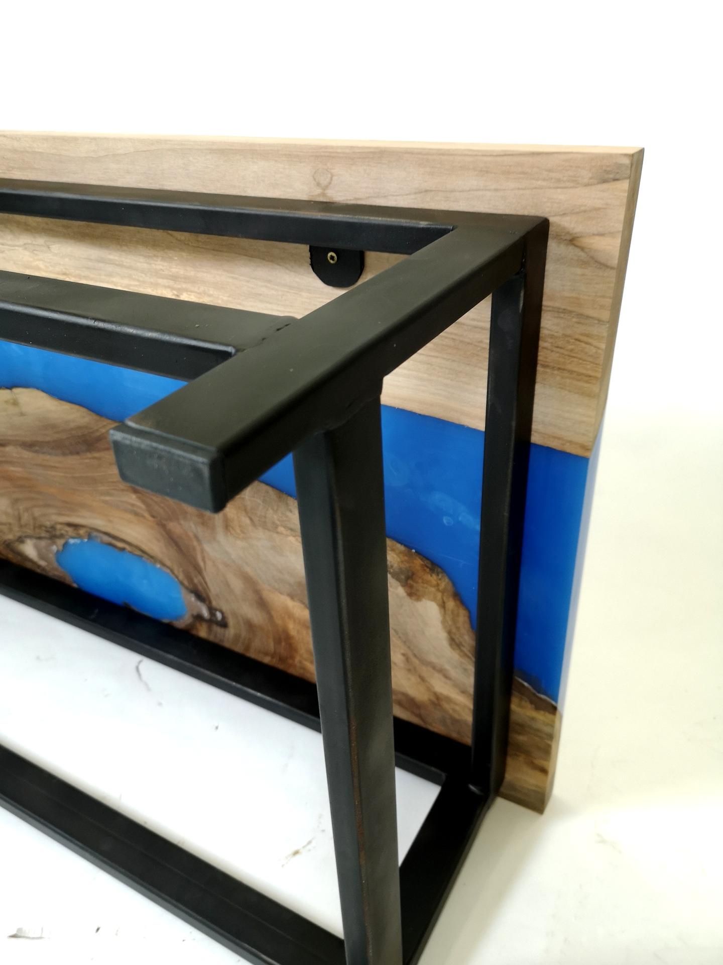 Modern Walnut Coffee Table with Blue Epoxy Resin and Steel Legs