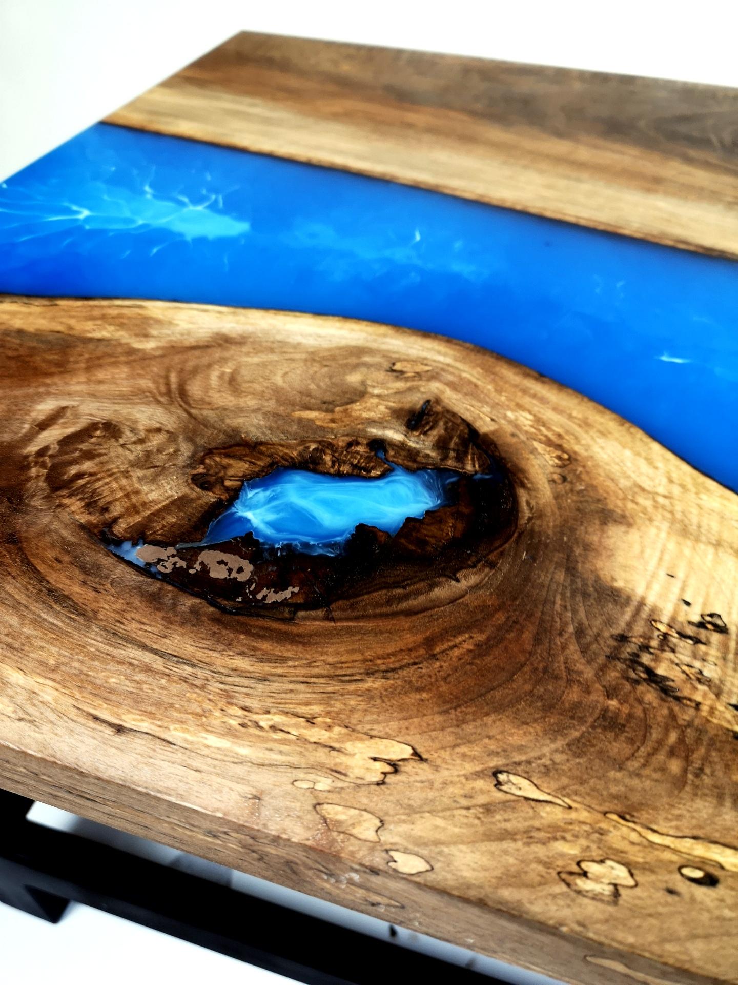 European Walnut Coffee Table with Blue Epoxy Resin and Steel Legs