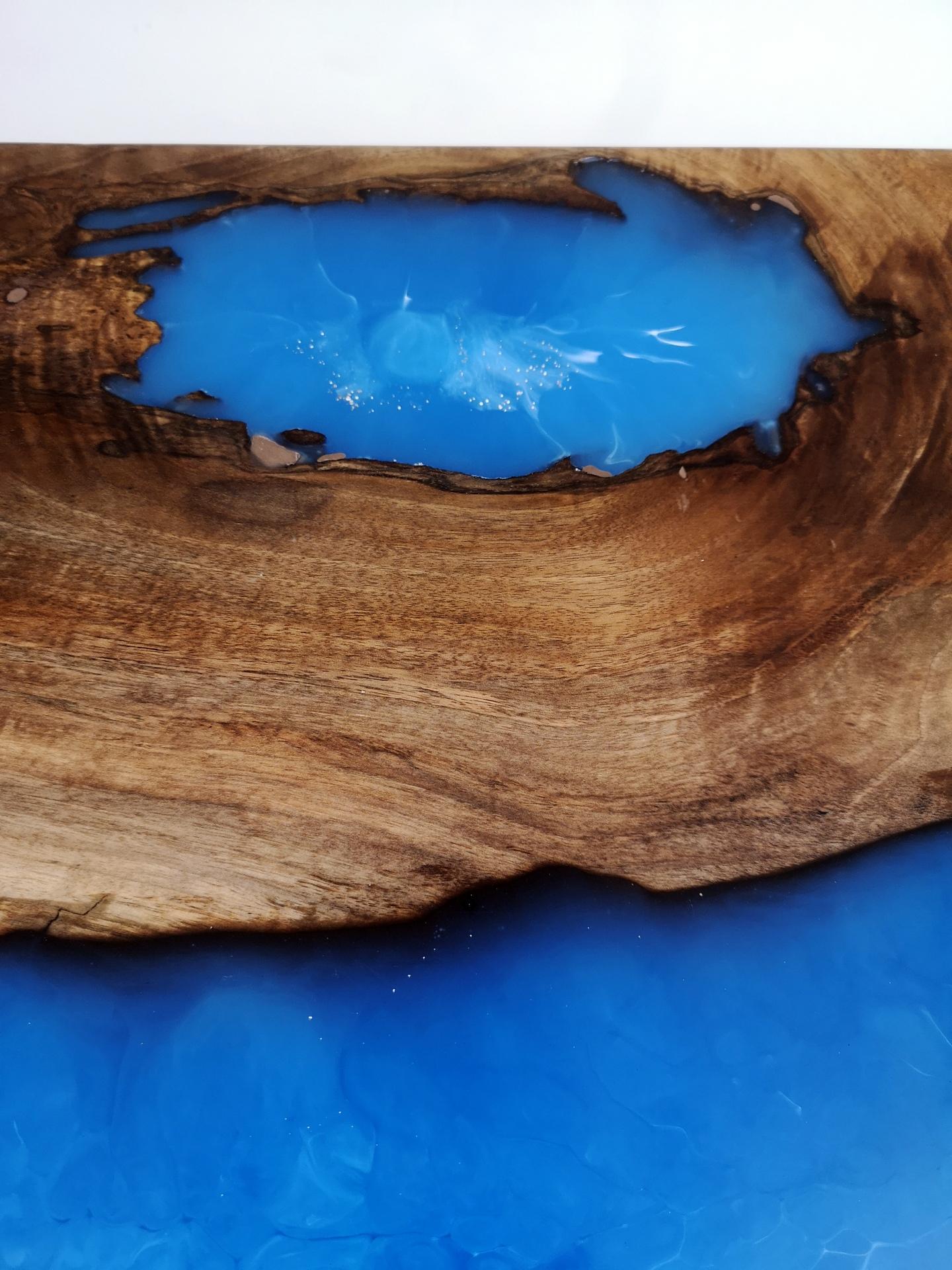 Contemporary Walnut Coffee Table with Blue Epoxy Resin and Steel Legs