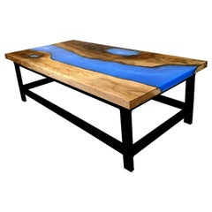 Walnut Coffee Table with Blue Epoxy Resin and Steel Legs