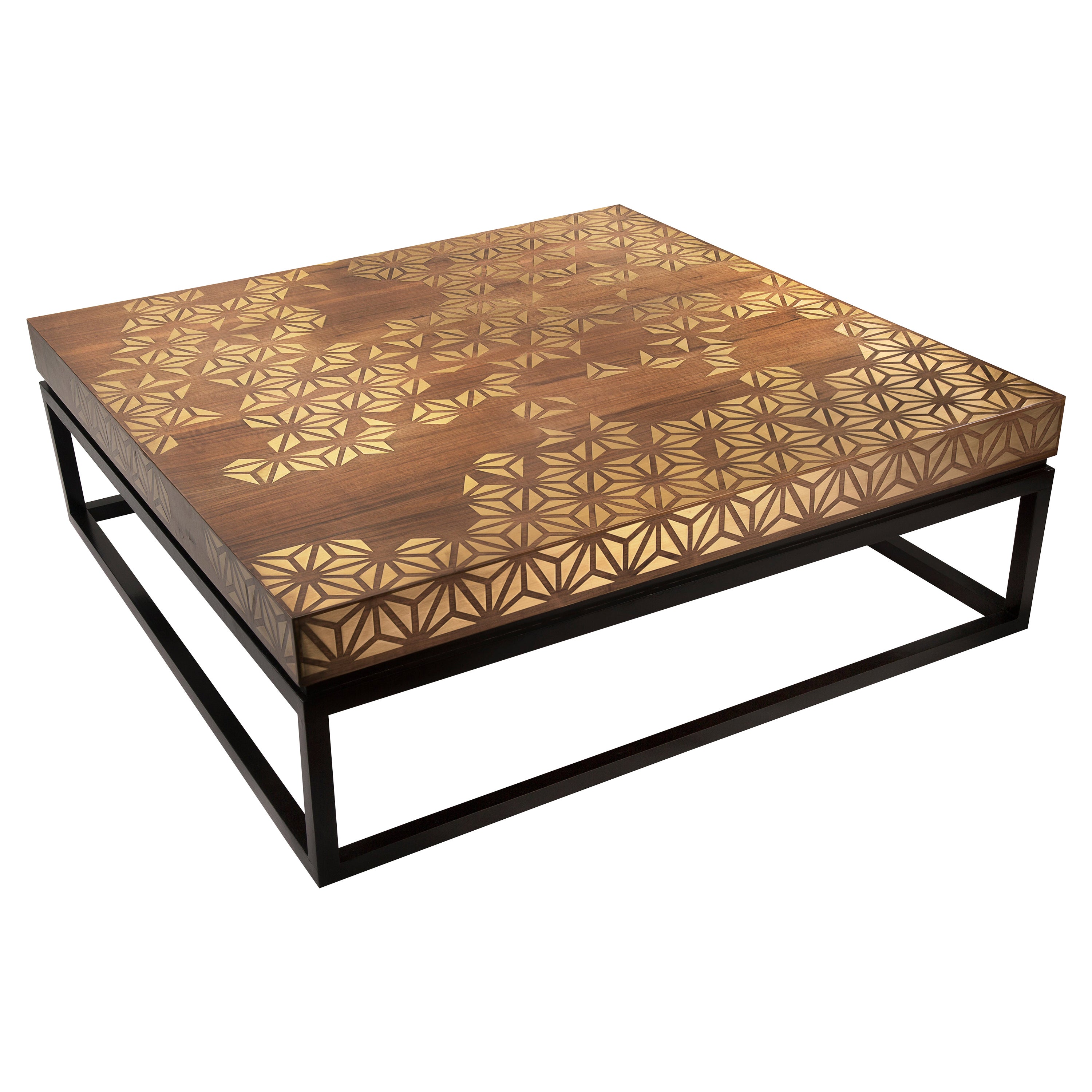 Walnut Coffee Table with Handcrafted Brass Inlay and Black Lacquered Legs