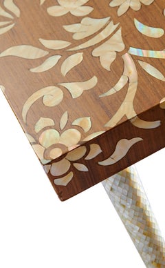 Walnut Coffee Table with Handcrafted Mother-of-Pearl Flower Inlay and Legs