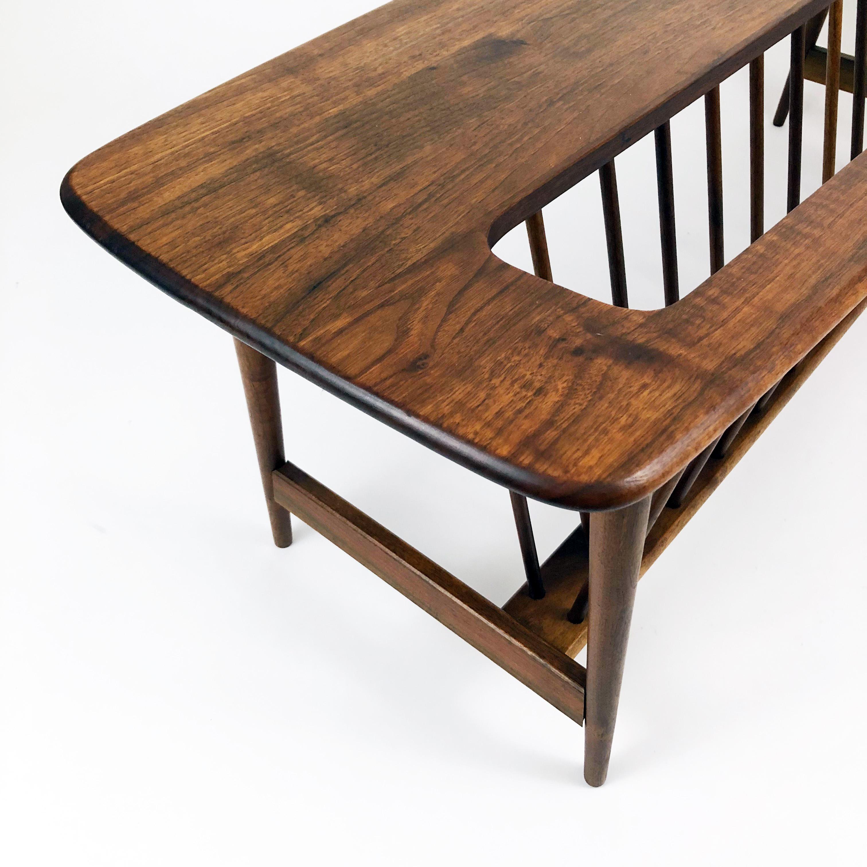 This beautifully-grained dark walnut coffee table by Arthur Umanoff for Washington Woodcraft incorporates a large rack for magazines or coffee table book display.

 