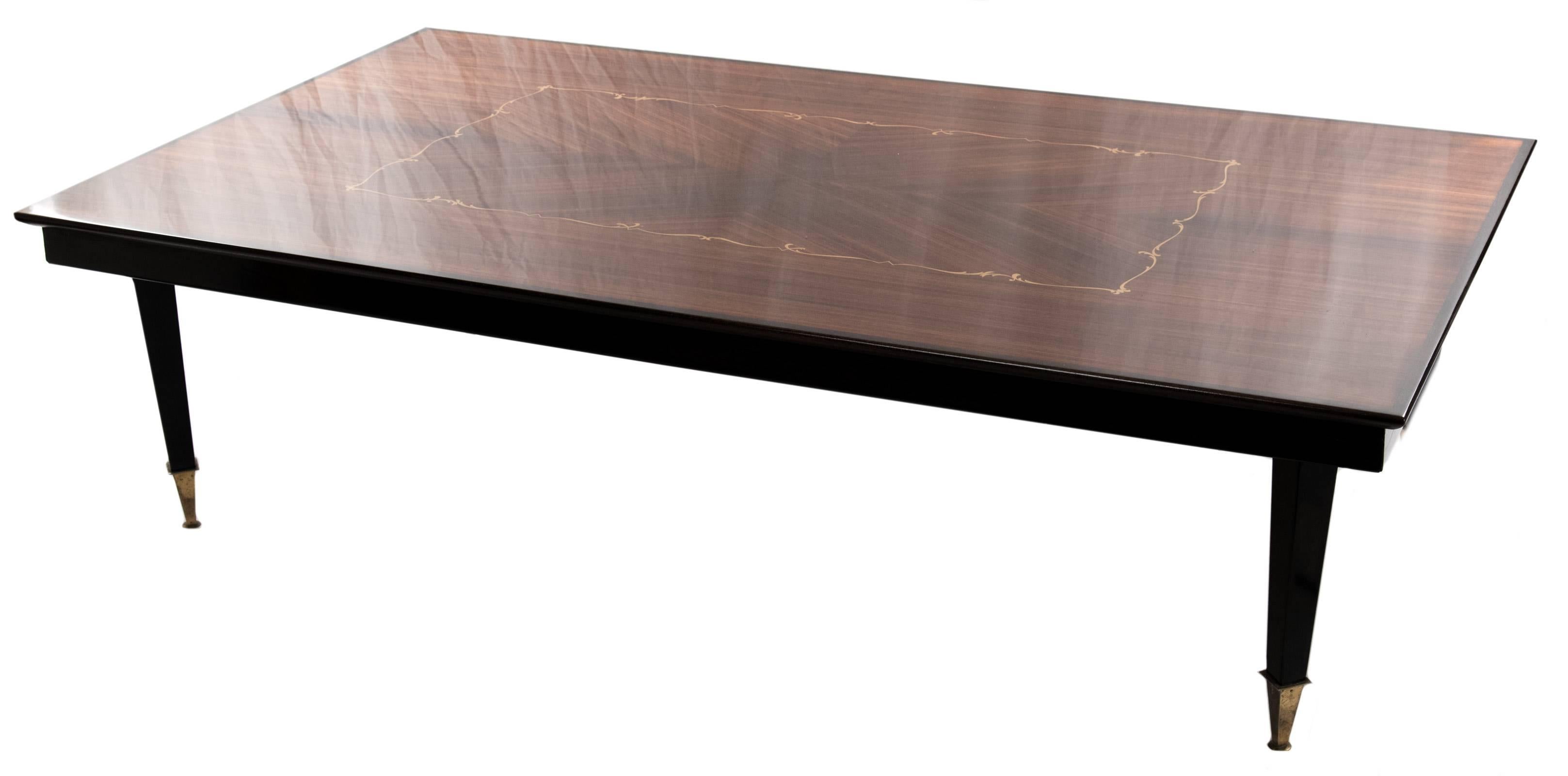 Brass Walnut Coffee Table with Marquetry Inlay For Sale