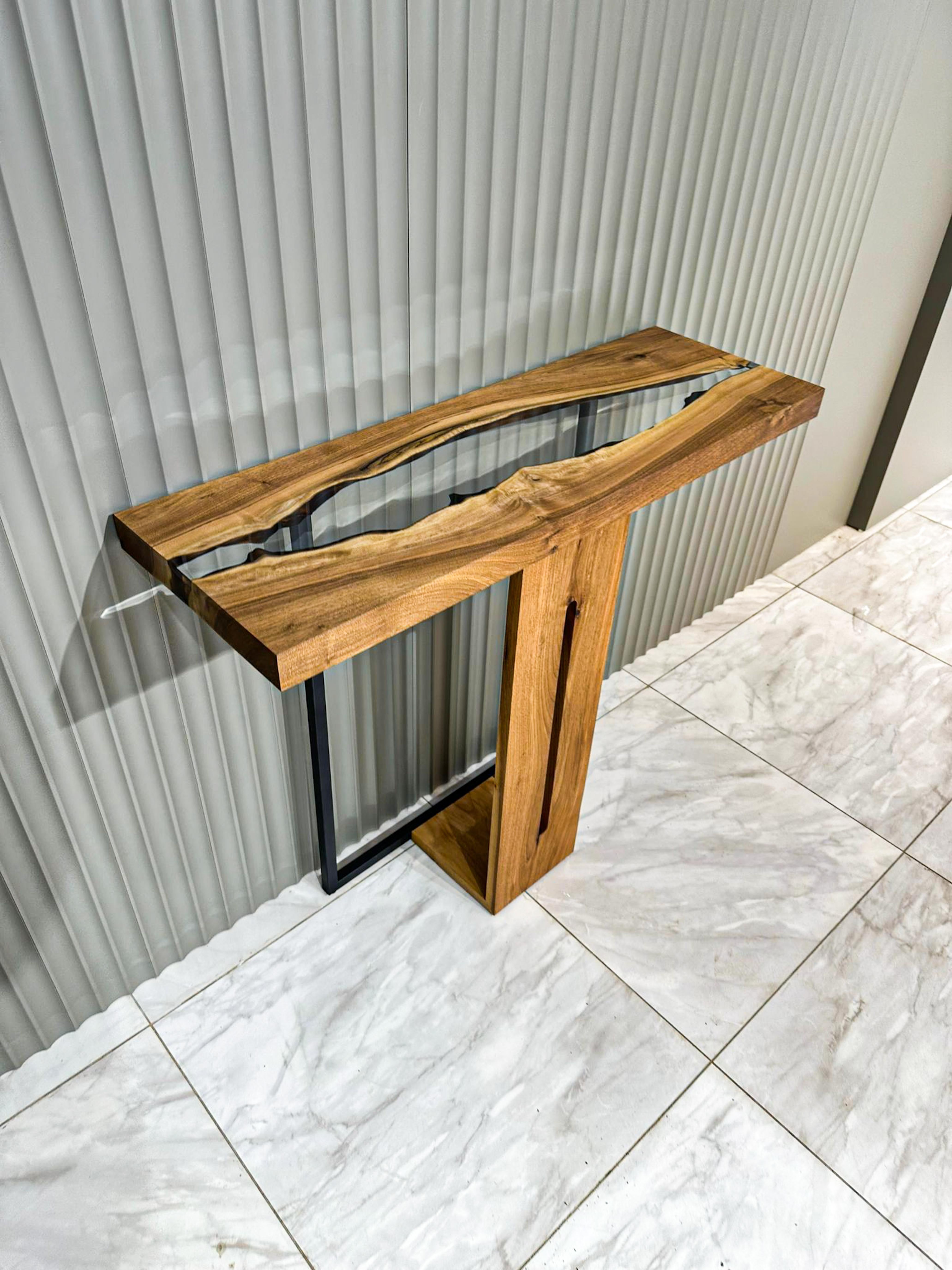 Hand-Carved Walnut Console Table - Custom Epoxy Entrway Table - Brown Console Table For Sale