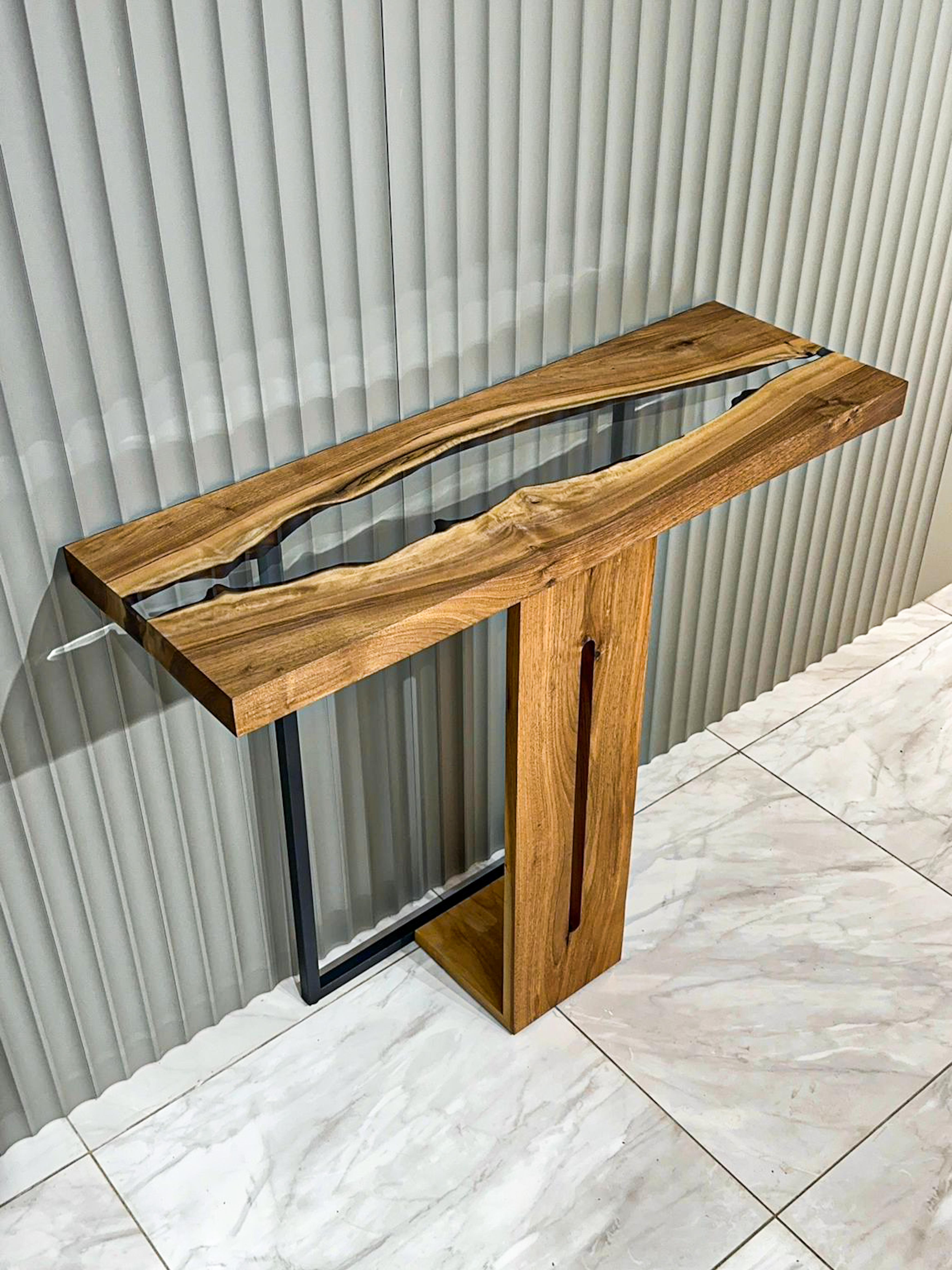 Contemporary Walnut Console Table - Custom Epoxy Entrway Table - Brown Console Table For Sale