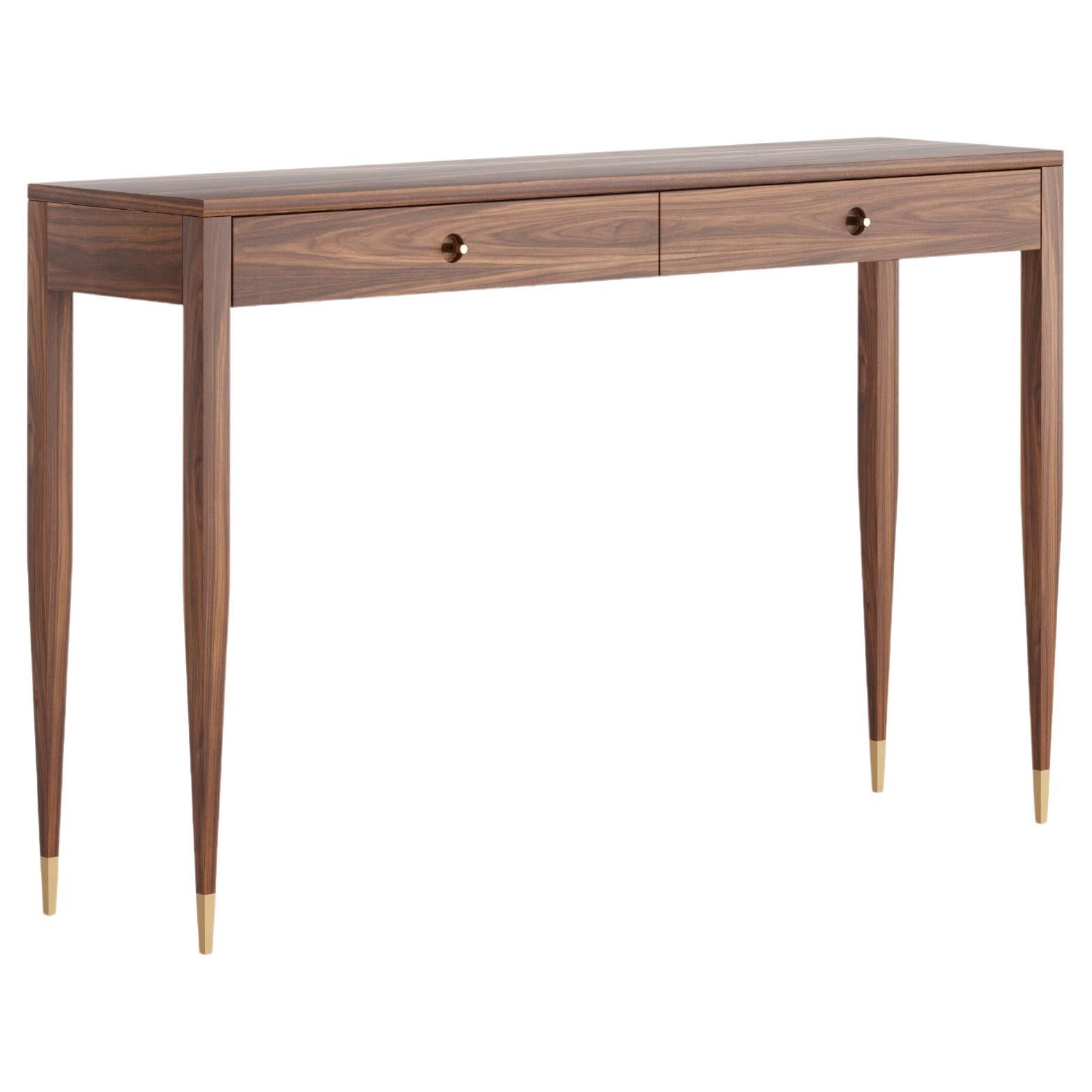 Console en noyer à deux tiroirs de style moderne du milieu du siècle, table d'entrée