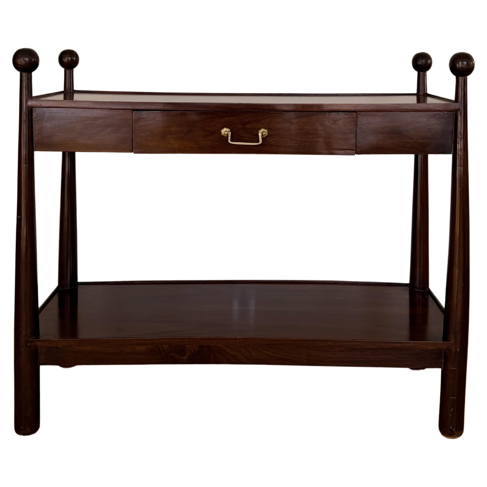 Walnut Console Table with Single Drawer, Lower Shelf, and Brass Pull